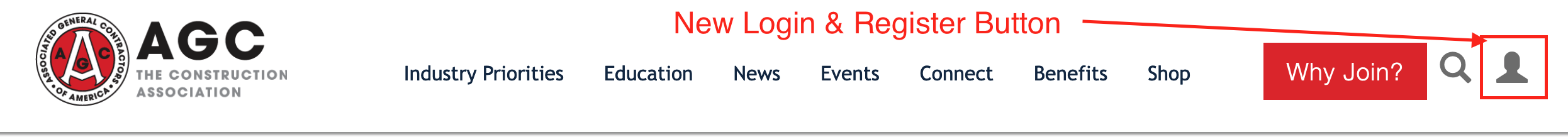 Screenshot of the header with the new location of login and register actions.